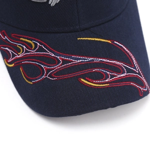 Navy blue baseball cap featuring 3D flame embroidery detail on the brim