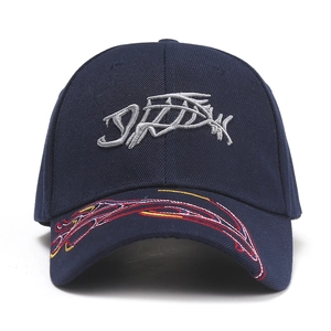 Detail of 3D fish embroidery and flame pattern on navy blue baseball cap