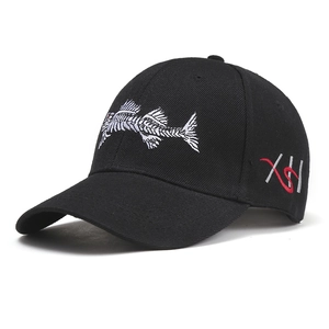 Black cotton baseball cap with white fishbone embroidery and XSH side lettering