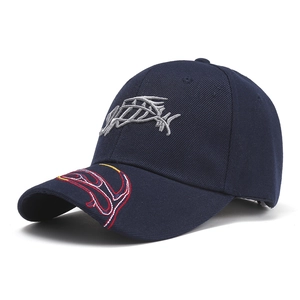 Detail of 3D fish bone embroidery and flame pattern on a navy blue twill baseball cap