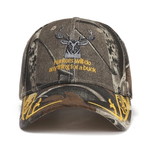 Camo baseball cap featuring deer head embroidery and yellow hunters text for outdoors