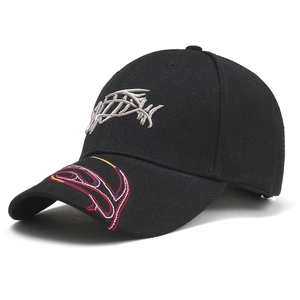Detail of 3D fish bone embroidery on black cotton baseball cap with colorful brim accents