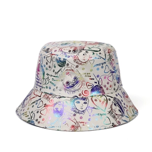 White bucket hat with colorful laser graffiti prints and artistic handwritten words
