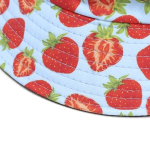 Close-up of strawberry print fabric and reinforced stitching on a light blue sun hat