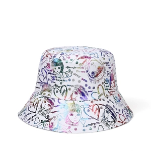 White bucket hat with colorful graffiti art and rainbow metallic pattern for summer fashion