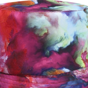 Colorful tie-dye bucket hat for sun protection featuring artistic abstract print patterns