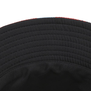 Unisex black bucket hat featuring stitched brim detail with red and blue fabric accents