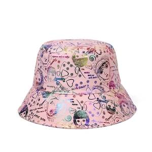 Pink fisherman hat with metallic graffiti prints and colorful cartoon characters for adults