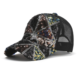 Close-up of sparkling multi-color sequins and breathable mesh on this baseball cap