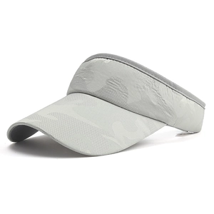 Close-up of light grey visor hat showing breathable mesh fabric and camouflage pattern