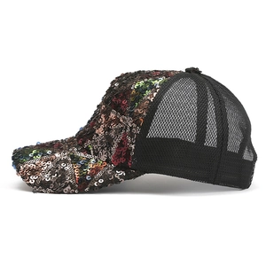 Detail of colorful sequins and breathable black mesh on this stylish trucker baseball cap