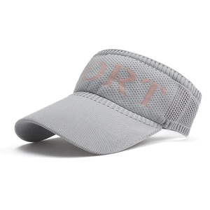Graue gestrickte Damen Sonnenmütze mit orangefarbenem SPORT-Schriftzug