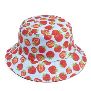 Double-sided sun hat with light blue canvas and cute strawberry prints for outdoor wear