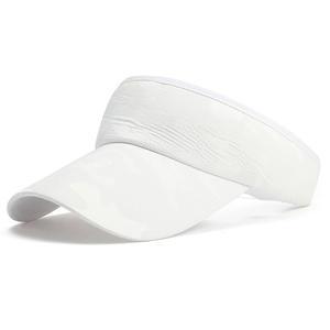 Close-up of white sun visor with detailed jacquard texture and premium stitching