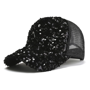 Fashionable black sequin baseball cap with breathable mesh back for outdoor sun protection