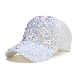 Breathable white baseball cap with shimmering iridescent sequins and mesh back for sun protection