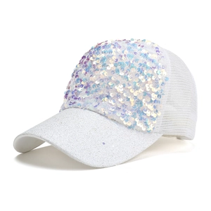Adult sequin baseball cap with white breathable mesh and shiny iridescent sun visor