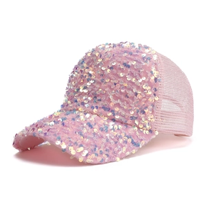Detail shot of the pink sequin baseball cap showing breathable mesh and shiny texture