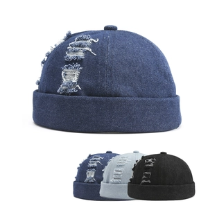 Bonnet Docker Rétro pour Hommes en Denim Sans Bord Streetwear Beanie Vintage Lavé Denim Skullcap Pour Style Hip Hop Décontracté