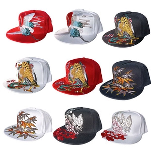 Nine different embroidered snapback baseball hats with cranes and dragons on white background
