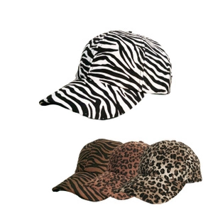 Detail view of four animal print baseball caps showing zebra and leopard textures
