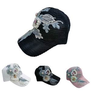 Detailed embroidery with lace flowers and pearls on breathable women's summer baseball caps