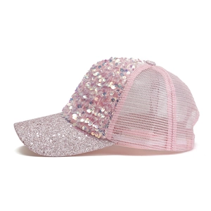 Pink sequin baseball cap with glitter brim and breathable mesh back for women