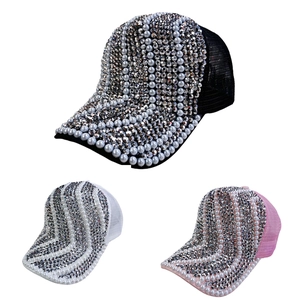 Casquette de Baseball Femme Glamour Strass Künstliche Perle Maille Respirante Réglable Snapback Chapeau de Soleil Extérieur Mode Luxe Casquette Trucker
