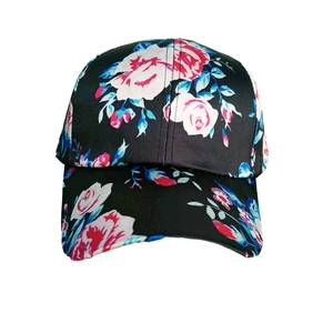 Women's black baseball cap with vibrant pink rose floral pattern for outdoor sun protection