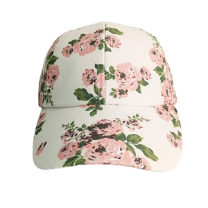Damen-Basecap aus cremefarbenem Canvas mit rosa Rosenmuster und gebogenem Schirm