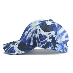 Unisex blue and white tie-dye cotton baseball cap with a curved brim for sun protection