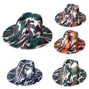 Flat brim fedora hat collection featuring five unique camouflage patterns in wool felt