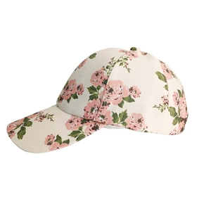 Beigefarbene Damen-Baseballkappe mit rosa Rosenmuster und klassisch gebogenem Schirm