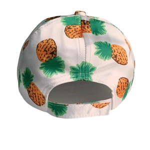 Back view of white baseball cap with pineapple print and adjustable strap buckle
