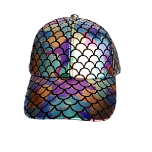 Detailed view of the holographic fish scale pattern on the creative baseball cap surface