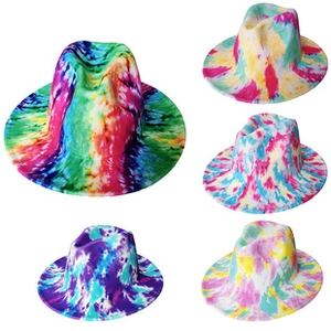 Detail showing five gradient tie-dye wool fedora hats with various colorful patterns
