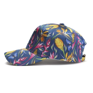 Fashion baseball cap featuring navy blue tropical floral print with butterfly embroidery