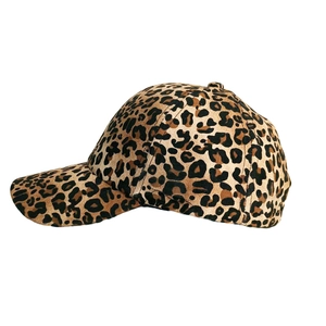 Detailed side view of a baseball cap with a classic leopard print and curved brim