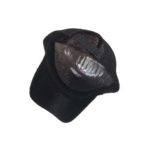 Detail of breathable black mesh baseball cap with adjustable plastic snap closure