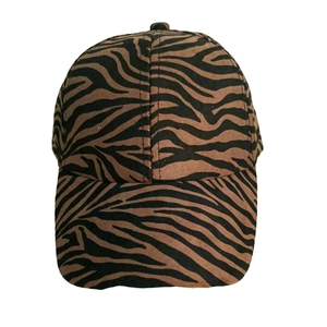 Detailed view of 6-panel baseball cap with classic brown and black zebra animal patterns