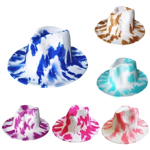 Vintage Unisex Cotton Tie Dye Fedora Hat Wide Brim Digital Print Fashion Jazz Cap For Autumn Winter Party British Headwear