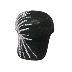 Detailed view of luxury knit baseball cap featuring radiating pearls and silver rhinestones