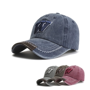Vintage washed cotton baseball cap with 3D letter W embroidery and leather brim trim