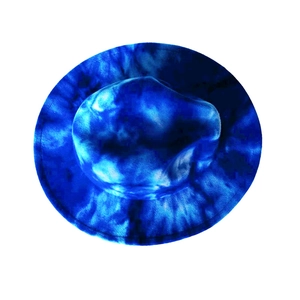 Top down macro view of blue and white tie-dye textured wool felt fedora wide brim hat