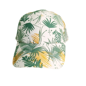 Lightweight baseball cap with tropical palm leaf print on white canvas fabric