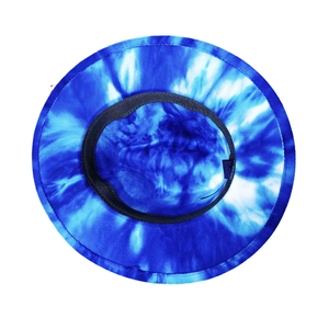 Detail of blue and white tie-dye wool jazz hat with inner black sweatband and label
