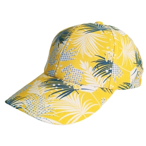 Yellow baseball cap with tropical palm leaf pattern and curved brim for outdoor sun protection