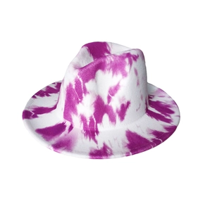 Close-up of pink and white tie-dye fedora showing felt texture and crown dent shape