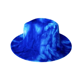 Detailed view of British style wide brim jazz hat with blue tie-dye wool felt texture