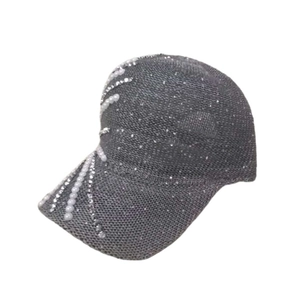 Dark grey hollow knit baseball cap with pearls and rhinestones for summer sun protection